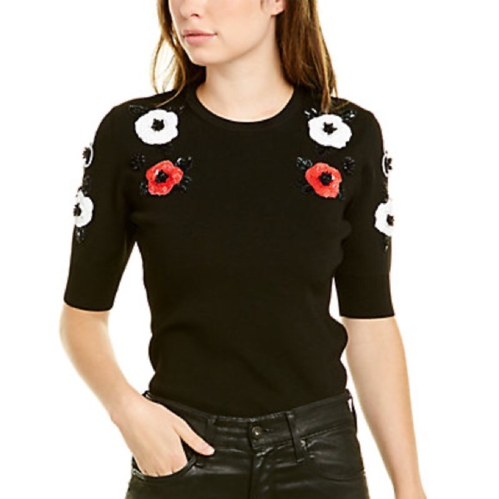 Escada black pullover with beaded flowers, size M, new with tag
